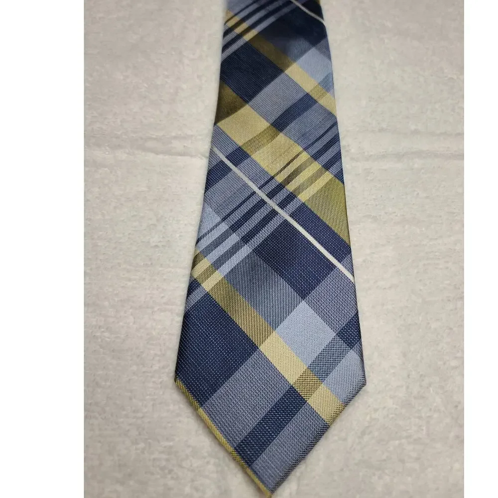 Michael Kors blue yellow plaid silk linen blend tie - 57.5
